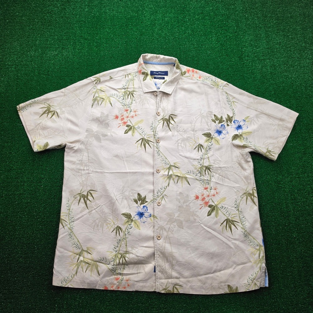 Tommy Bahama Shirt Mens XL Cream Blue 100% Silk Jacquard Floral Camp Tropical